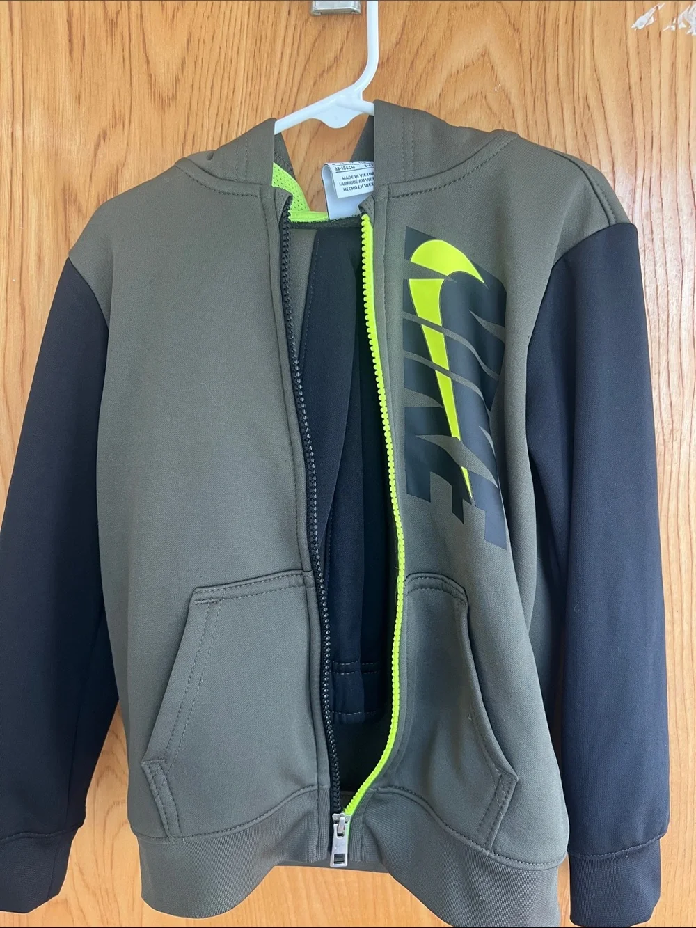 Nike Kids Olive Green and Black Hoodie with Neon Yellow Logo